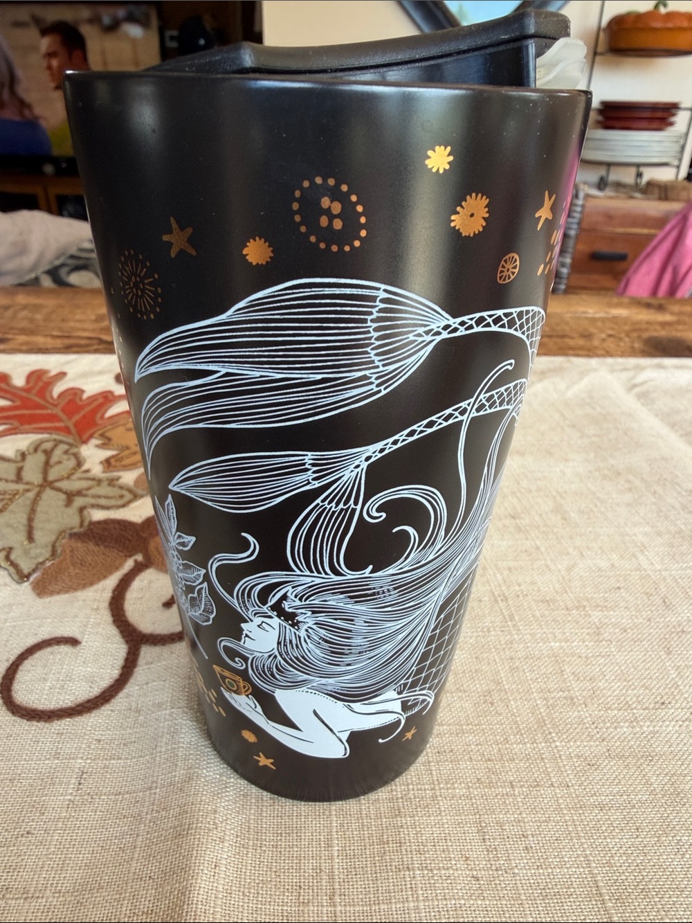 Starbucks Black Tumbler with White Mermaid and Gold Accents